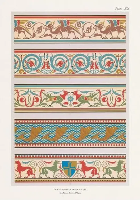 Framed Print : Medieval bands and borders in rich colors. Animal designs. Dragons, birds, fishes and lions Framed Print : Medieval bands and borders in rich colors. Animal designs. Dragons, birds, fishes and lions