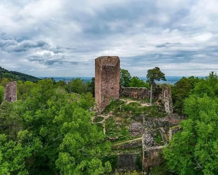 Framed Print : Medieval Castle Landsberg in Vosges, Alsace. Aerial view of the castle ruins, filmed from a drone. France Framed Print : Medieval Castle Landsberg in Vosges, Alsace. Aerial view of the castle ruins, filmed from a drone. France