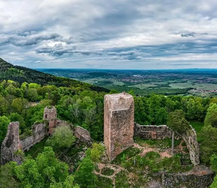 Framed Print : Medieval Castle Landsberg in Vosges, Alsace. Aerial view of the castle ruins, filmed from a drone. France Framed Print : Medieval Castle Landsberg in Vosges, Alsace. Aerial view of the castle ruins, filmed from a drone. France