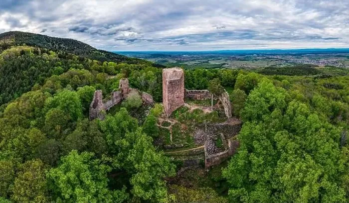 Framed Print : Medieval Castle Landsberg in Vosges, Alsace. Aerial view of the castle ruins, filmed from a drone. France Framed Print : Medieval Castle Landsberg in Vosges, Alsace. Aerial view of the castle ruins, filmed from a drone. France