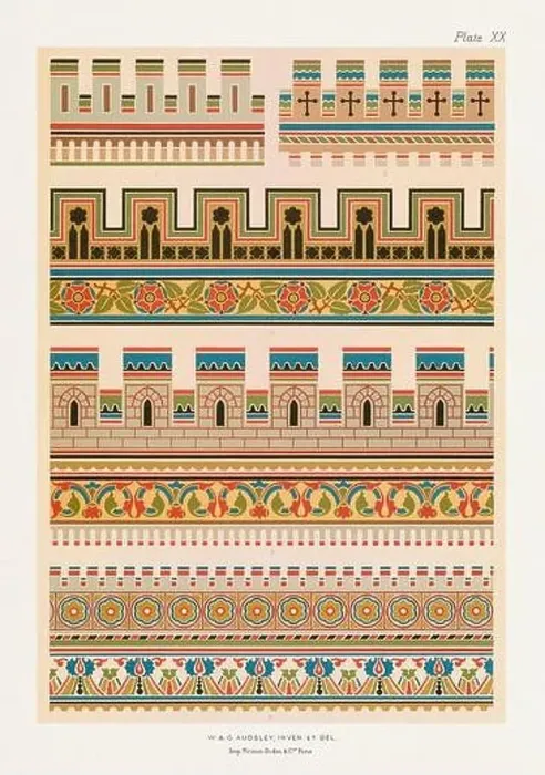 Framed Print : Medieval designs. Bands with battlemented crestings in rich colors Framed Print : Medieval designs. Bands with battlemented crestings in rich colors