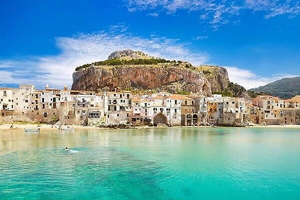 Medieval houses and La Rocca Hill, Cefalu, Sicily, Italy