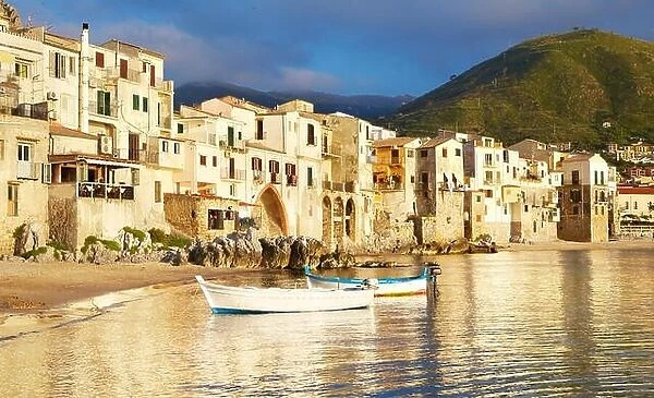 Medieval houses on the seashore, Cefalu, Sicily, Italy