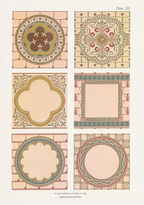 Framed Print : Medieval ornamental medallions in gold and rich colors on light grounds Framed Print : Medieval ornamental medallions in gold and rich colors on light grounds