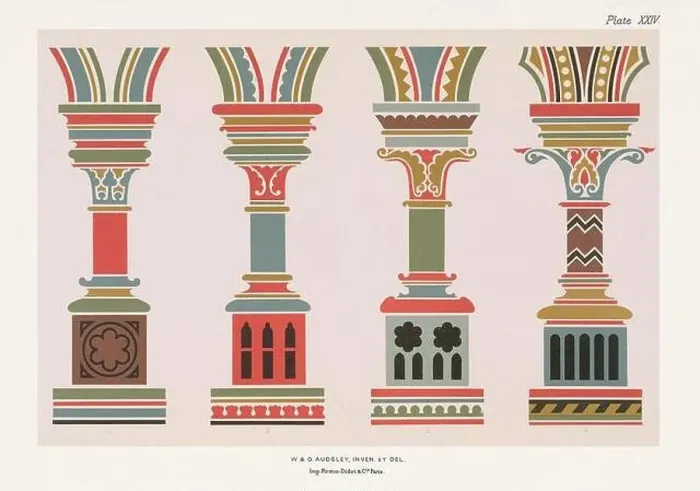 Framed Print : Medieval ornaments. Colorful pillars, arch mouldings and strings Framed Print : Medieval ornaments. Colorful pillars, arch mouldings and strings