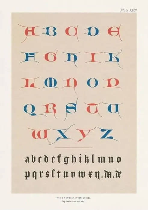 Framed Print : Medieval ornated alphabet in blue and red colors Framed Print : Medieval ornated alphabet in blue and red colors