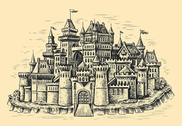 Framed Print : Medieval town. Stone castle with towers. Cityscape in vintage engraving style. Sketch vector illustration