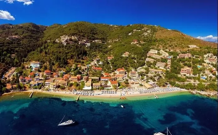 Framed Print : Mediterranean greek resort from a drone. Kalami beach on Corfu island. Vacation in Greece Framed Print : Mediterranean greek resort from a drone. Kalami beach on Corfu island. Vacation in Greece