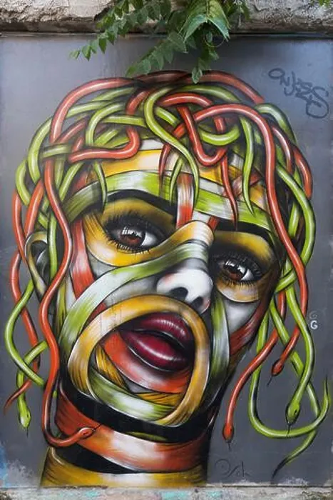 Framed Print : Medusa, female head with hair of colourful snakes, mural in the Anafiotika district, street art, Athens, Greece Framed Print : Medusa, female head with hair of colourful snakes, mural in the Anafiotika district, street art, Athens, Greece