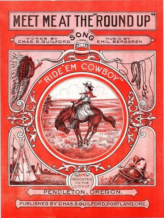 Framed Print : Meet Me at the Roundup, 1924 Oregon sheet music, female cowgirl & bronco rider, Native American symbols Framed Print : Meet Me at the Roundup, 1924 Oregon sheet music, female cowgirl & bronco rider, Native American symbols