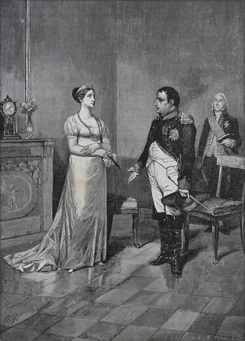 Framed Print : Meeting between Napoleon Bonaparte and Queen Louisa of Prussia, Tilsit. 6 July 1807. Engraving, 19th century Framed Print : Meeting between Napoleon Bonaparte and Queen Louisa of Prussia, Tilsit. 6 July 1807. Engraving, 19th century