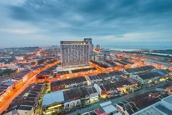 Melaka, Malaysia city skyline from above at dusk