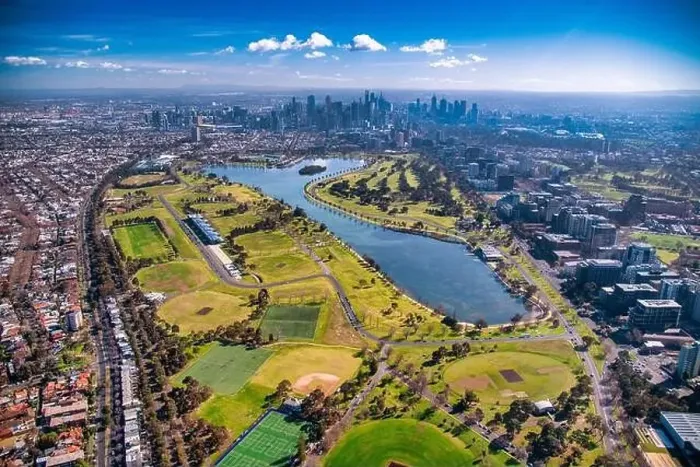 Framed Print : Melbourne, Australia. Aerial city skyline from helicopter. Skyscrapers, park and lake Framed Print : Melbourne, Australia. Aerial city skyline from helicopter. Skyscrapers, park and lake