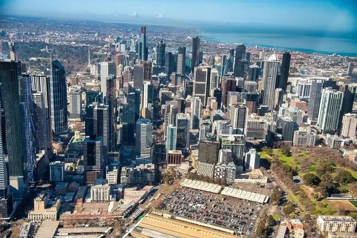 Framed Print : MELBOURNE, AUSTRALIA - SEPTEMBER 8, 2018: Aerial view of city central business district from helicopter Framed Print : MELBOURNE, AUSTRALIA - SEPTEMBER 8, 2018: Aerial view of city central business district from helicopter