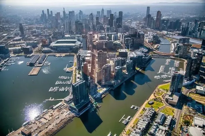 Framed Print : MELBOURNE, AUSTRALIA - SEPTEMBER 8, 2018: Aerial city skyline from helicopter. Downtown and Yarra river