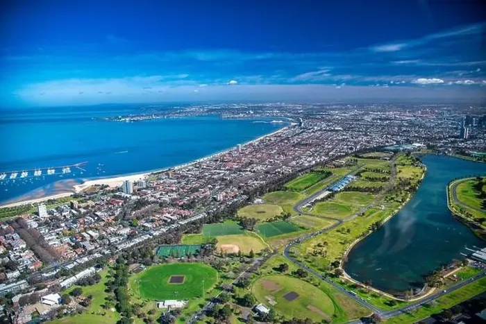 Framed Print : Melbourne coastline and park from helicopter Framed Print : Melbourne coastline and park from helicopter