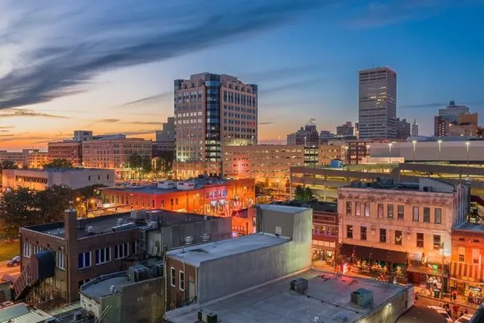 Framed Print : Memphis, Tennesse, USA downtown cityscape at dusk over Beale Street Framed Print : Memphis, Tennesse, USA downtown cityscape at dusk over Beale Street