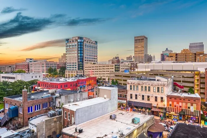 Framed Print : Memphis, Tennessee, USA downtown city skyline over Beale Street after sunset Framed Print : Memphis, Tennessee, USA downtown city skyline over Beale Street after sunset