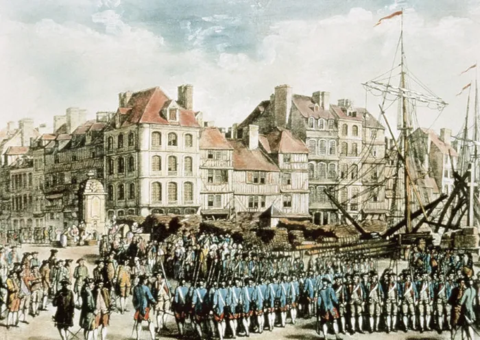Framed Print : Mercenaries embarking from Hesse to America. 1776. Copperplate. Engraving Framed Print : Mercenaries embarking from Hesse to America. 1776. Copperplate. Engraving