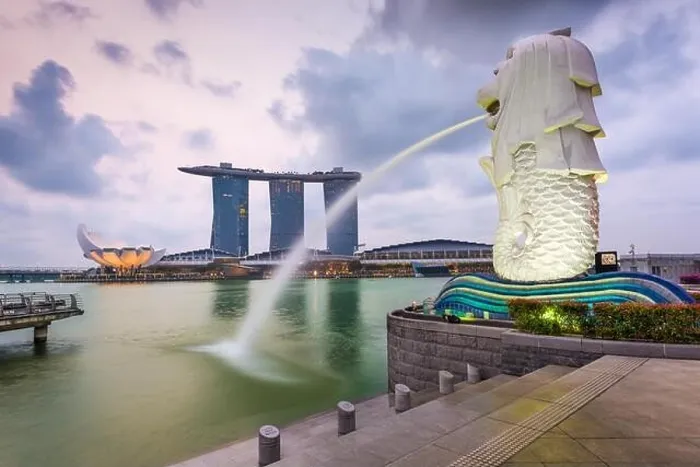 Framed Print : The Merlion fountain at Marina Bay. The merlion is a marketing icon used as a mascot and national personification of Singapore