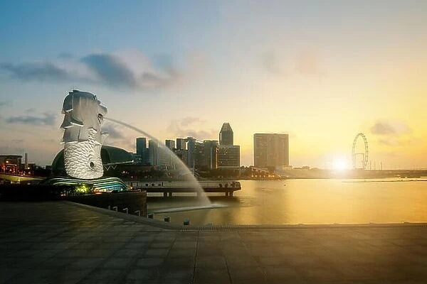 Merlion fountain and marina bay in the morning, Singapore. Sunrise in Singapore