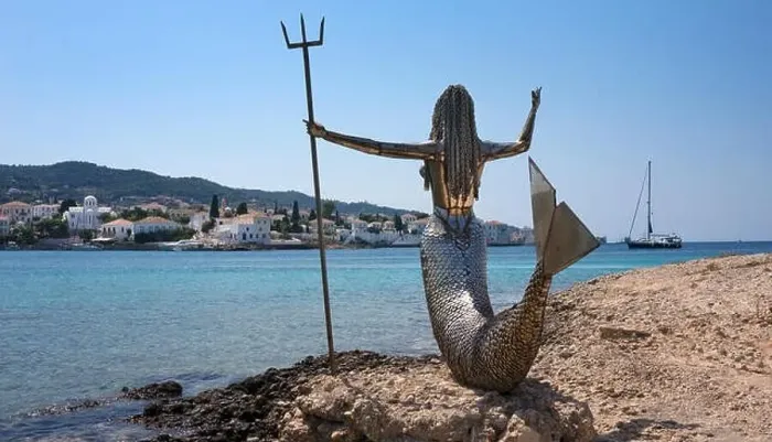 Framed Print : Mermaid Sculpture at entrance to Harbor on Island of Spetses, Argolida, Peloponnese, Greece Framed Print : Mermaid Sculpture at entrance to Harbor on Island of Spetses, Argolida, Peloponnese, Greece