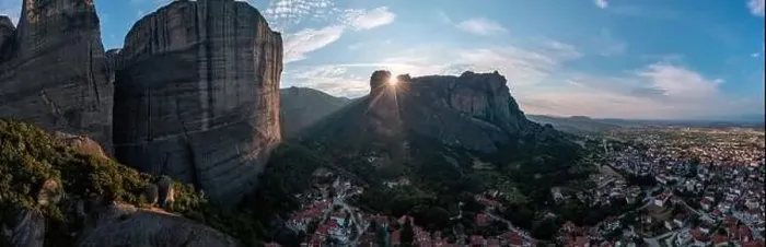 Framed Print : Meteora Greece panorama. Sunset and cloudy sky over Kalabaka town. Rock formations landscape, Europe travel destination Framed Print : Meteora Greece panorama. Sunset and cloudy sky over Kalabaka town. Rock formations landscape, Europe travel destination