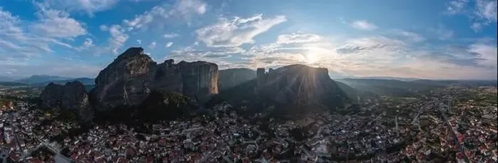 Framed Print : Meteora Greece panorama. Sunset and cloudy sky over Kalabaka town. Rock formations landscape, Europe travel destination Framed Print : Meteora Greece panorama. Sunset and cloudy sky over Kalabaka town. Rock formations landscape, Europe travel destination