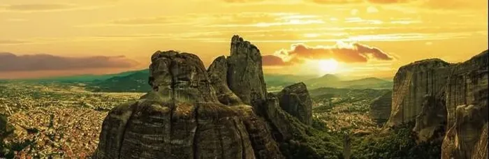 Framed Print : Meteora Greece panorama. Sunset and orange sky over Kalabaka town. Rock formations landscape, Europe travel destination Framed Print : Meteora Greece panorama. Sunset and orange sky over Kalabaka town. Rock formations landscape, Europe travel destination