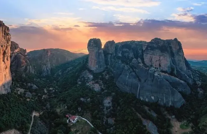 Framed Print : Meteora Greece rock formations at sunset. Colorful sky with clouds over rocky landscape. Europe travel destination Framed Print : Meteora Greece rock formations at sunset. Colorful sky with clouds over rocky landscape. Europe travel destination