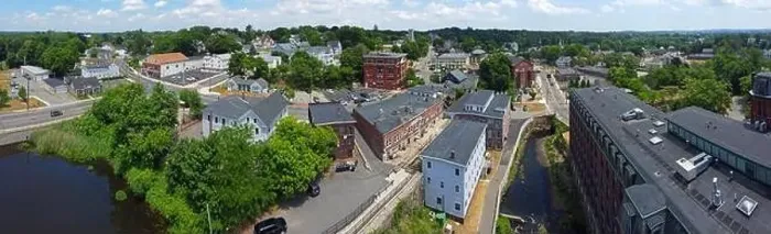 Framed Print : Methuen downtown including Spicket Mill at Spicket River aerial view at Pleasant Street Framed Print : Methuen downtown including Spicket Mill at Spicket River aerial view at Pleasant Street