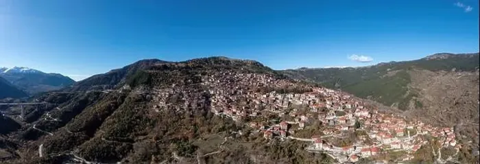 Framed Print : Metsovo Epirus Greece. Aerial panoramic drone view of traditional village on Pindus mountain Framed Print : Metsovo Epirus Greece. Aerial panoramic drone view of traditional village on Pindus mountain