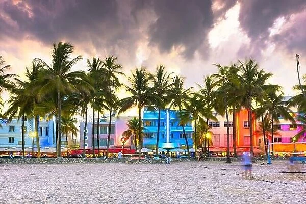 Miami Beach, Florida, USA cityscape with art deco buildings on Ocean Drive at twilight