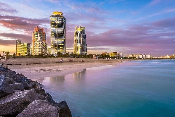 Miami Beach, Florida, USA skyline on the beach at twilight
