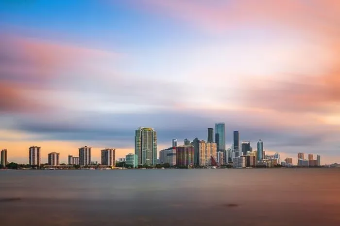 Framed Print : Miami, Florida, USA downtown city skyline on Biscayne Bay at twilight