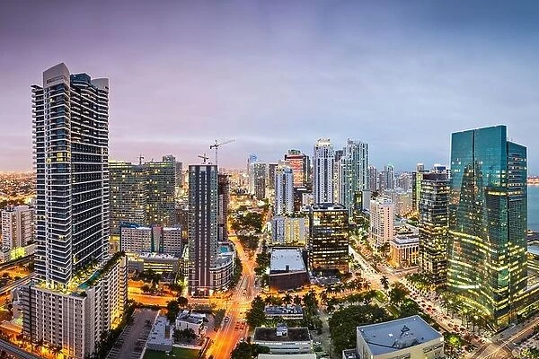 Miami, Florida, USA downtown nightt aerial cityscape at night