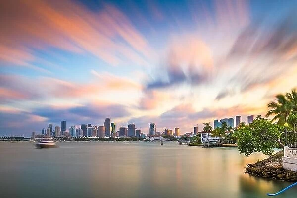 Miami, Florida, USA downtown skyline on Biscayne Bay in early evening