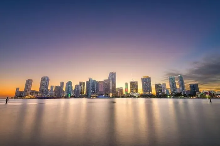 Framed Print : Miami, Florida, USA downtown skyline from across the Biscayne Bay at twilight