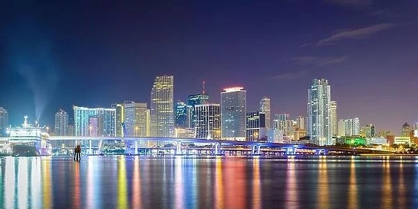 Miami, Florida, USA downtown skyline panorama at night on Biscayne Bay