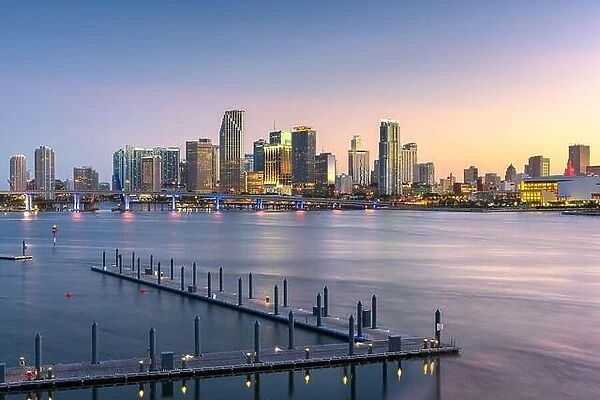 Miami, Florida, USA skyline on Bisayne Bay at dusk