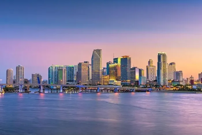 Framed Print : Miami, Florida, USA skyline on Bisayne Bay at dusk Framed Print : Miami, Florida, USA skyline on Bisayne Bay at dusk