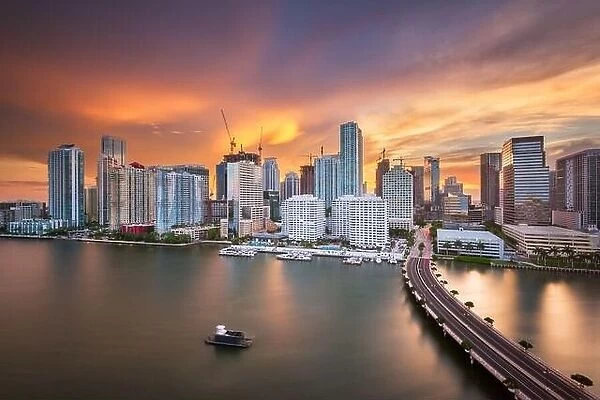 Miami, Florida, USA skyline over Biscayne Bay at dusk