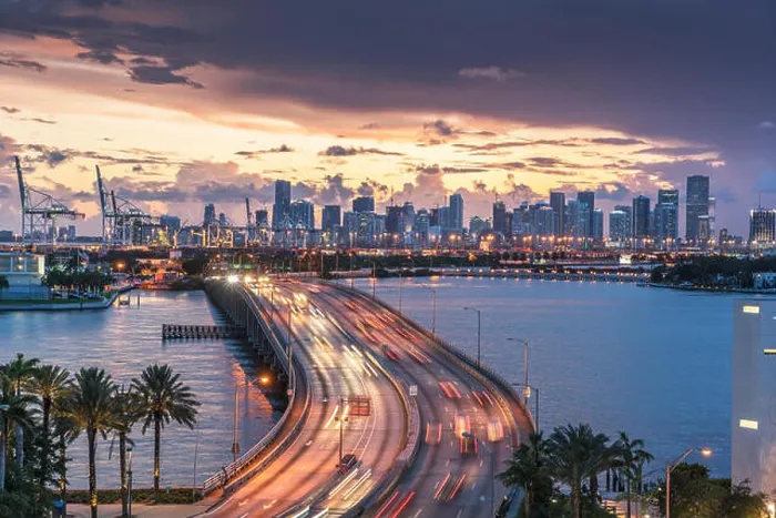Framed Print : Miami skyline at dusk, traffic on MacArthur causeway, Florida, USA
