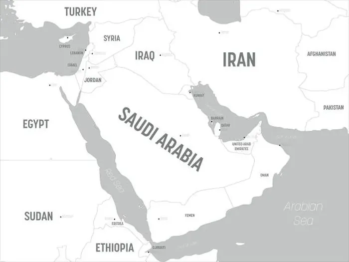 Framed Print : Middle East map - white lands and grey water Framed Print : Middle East map - white lands and grey water