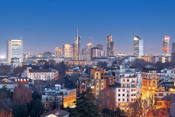 Framed Print : Milan, Italy financial district skyline over residential apartments at dusk Framed Print : Milan, Italy financial district skyline over residential apartments at dusk