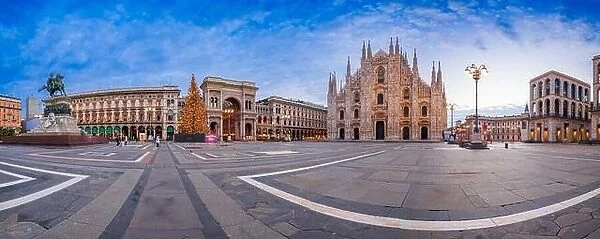Milan, Italy at the Milan Duomo and Galleria during Christmas time at dawn