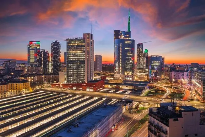 Framed Print : Milan, Italy with modern high rises in Porta Nuova at twilight Framed Print : Milan, Italy with modern high rises in Porta Nuova at twilight