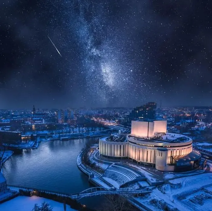 Framed Print : Milky way and Opera Nova at winter in Bydgoszcz, Poland, Europe. Architecture in Poland at night Framed Print : Milky way and Opera Nova at winter in Bydgoszcz, Poland, Europe. Architecture in Poland at night