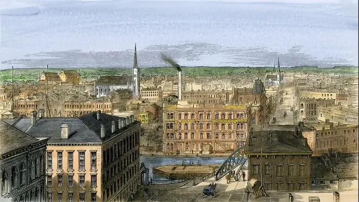 Framed Print : Milwaukee Wisconsin looking west from the waterfront of Lake Michigan 1870s. Hand-colored woodcut Framed Print : Milwaukee Wisconsin looking west from the waterfront of Lake Michigan 1870s. Hand-colored woodcut