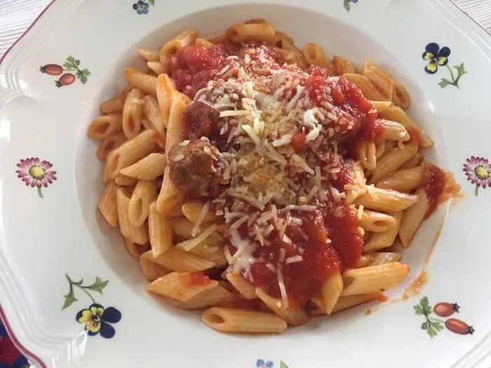 Framed Print : Mini Penne Pasta with tomato sauce and meatballs Framed Print : Mini Penne Pasta with tomato sauce and meatballs